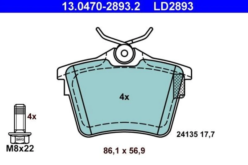 Image of ATE 13.0470-2893.2 Brake pad set excl. wear warning contact, with brake caliper screws Brake Pad Set,disc brake (402)