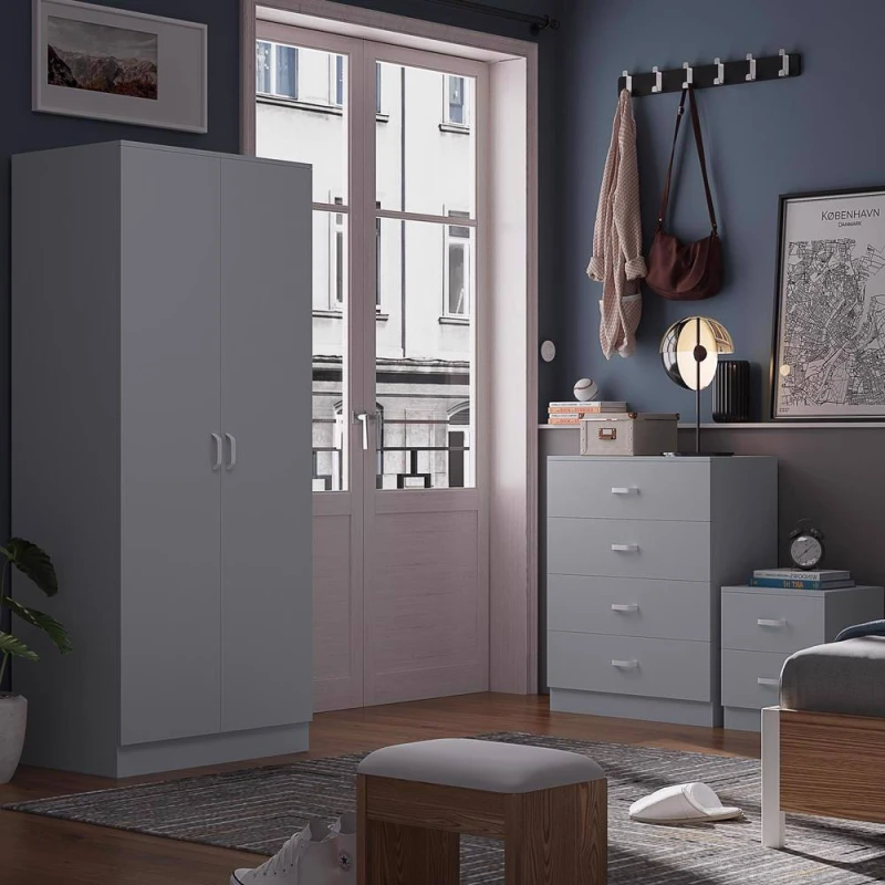 Image of FWStyle FWStyle Grey 3 Piece Bedroom Furniture Set Bedside, Wardrobe, 4 Drawer Chest Grey One Size Unisex 5056413127761