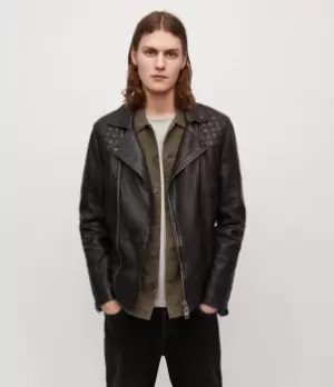 Image of AllSaints Mens Leather Quilted Regular Fit Traditional Conroy Biker Jacket, Blue, Size: S