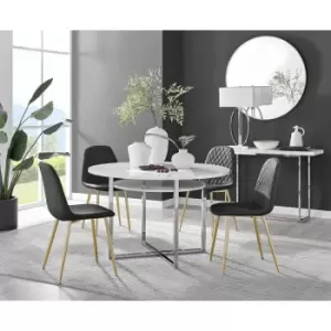 Image of Furniturebox Adley White High Gloss 120cm Storage Dining Table & 4 Black Corona Faux Leather Dining Chairs with Gold Legs Diamond Stitch
