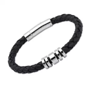 image of Unique Stainless Steel 5 Ring 21cm Black Leather Bracelet A65BL