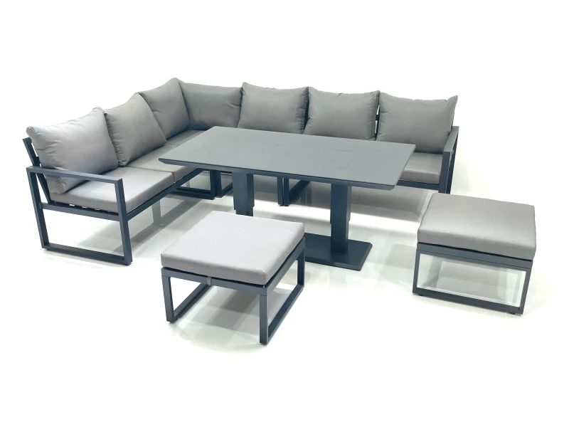 Image of Fimous Aluminum Outdoor Garden Furniture Set Corner Sofa 2 Big Footstools Adjustable Rising Lifting Dining Table Sets Dark Grey Dark Grey Unisex