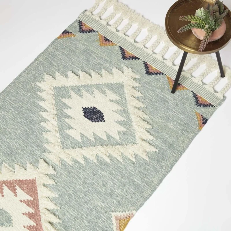 Image of Homescapes Tenali Blue Kilim Wool Rug Blue