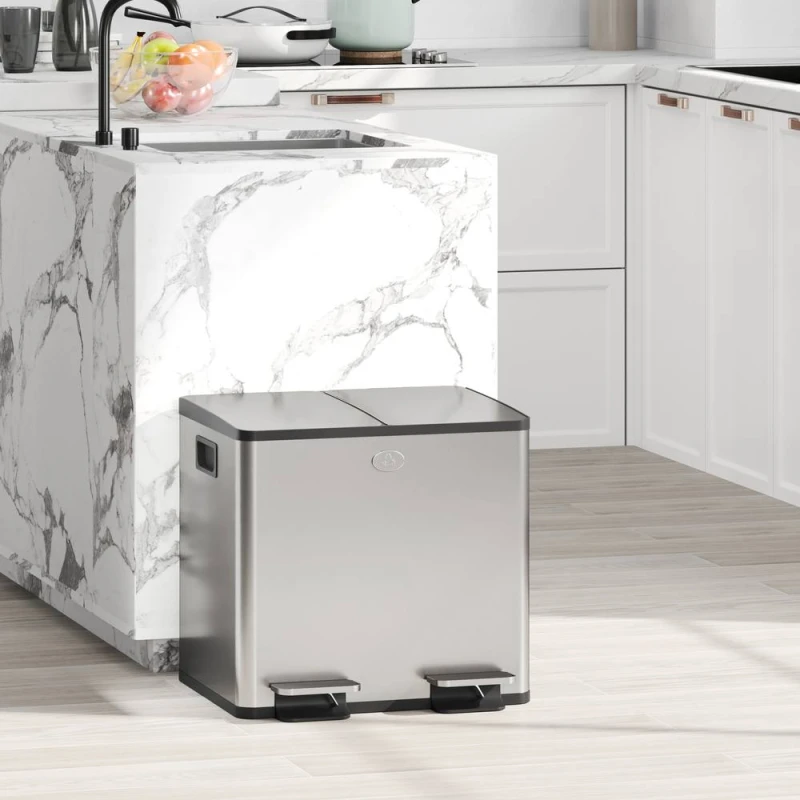 Image of HOMCOM 2x15L Dual Kitchen Bin Pedal Bin for Recycling & Waste, Silver Tone Size: Small Silver Unisex Small
