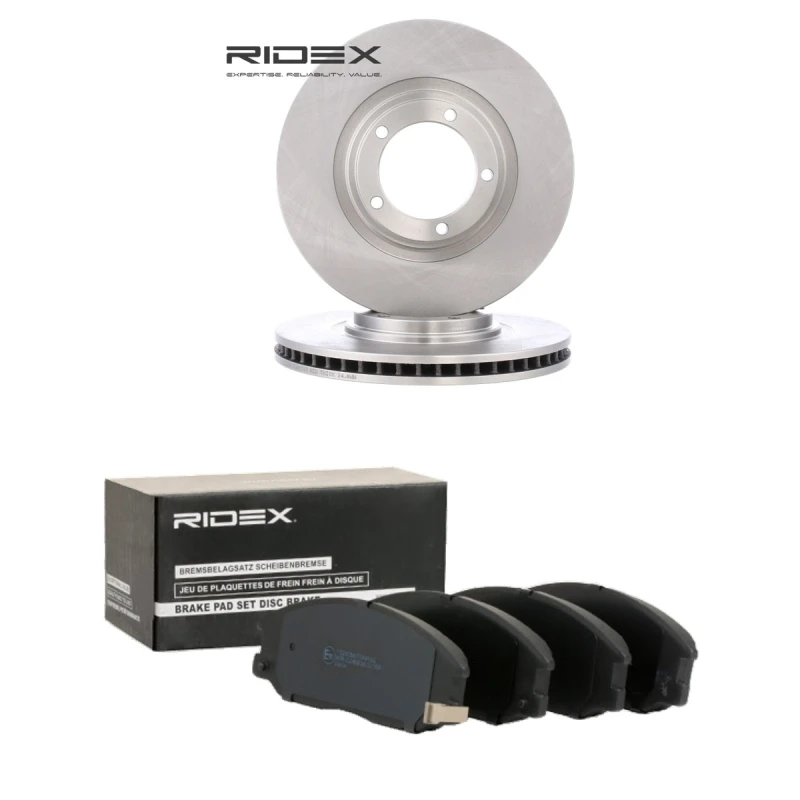 Image of RIDEX 3405B2551 Brake disc and pads set Front Axle, Brake Disc Type: Vented, with acoustic wear warning Brake Set,disc brakes (3405)