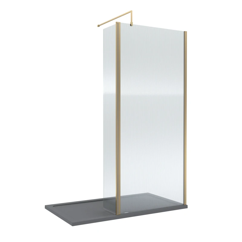 Image of Balterley 8mm Fluted Wetroom Screen, Return Brushed Brass & Tray 1400 x 800m in Metallics Metallics Unisex