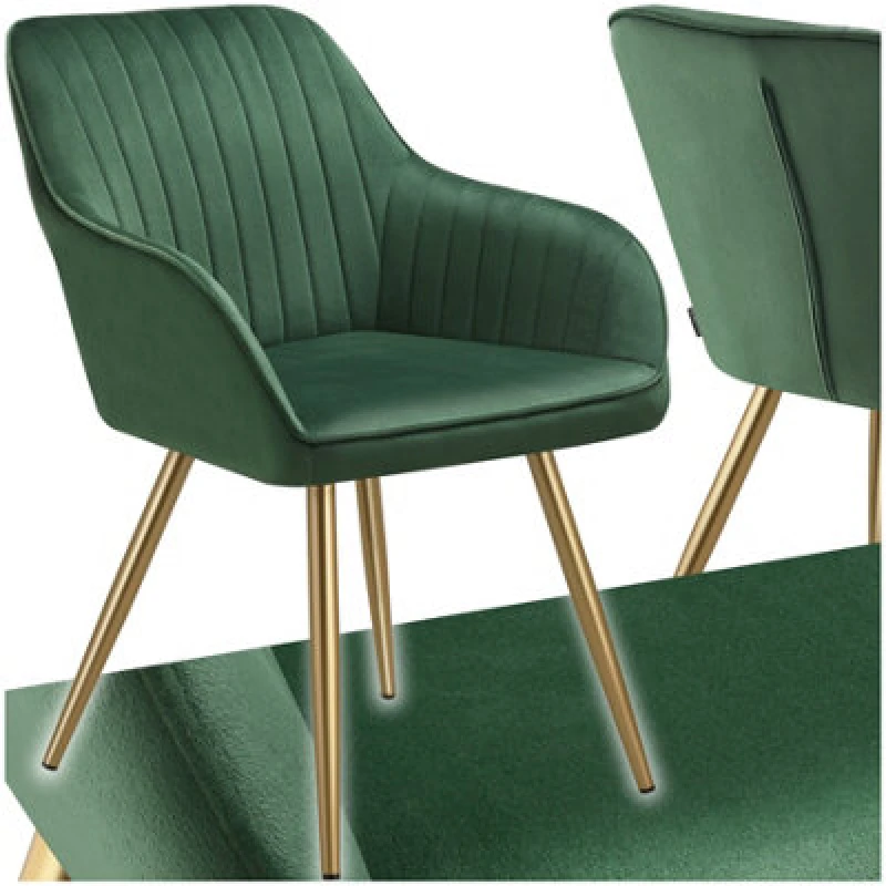 Image of Tectake 1 Dining Chair Marilyn - Quilted Velvet, Continuous Backrest, Gold Steel Legs - Dark Green/gold