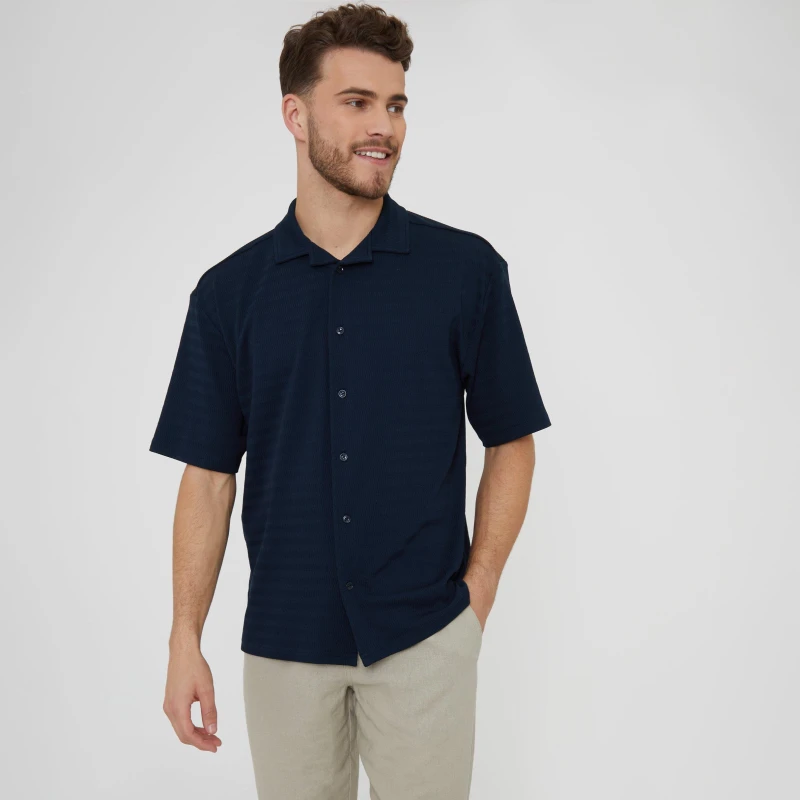 Image of Threadbare 'Drewrea' Textured Short Sleeve Cotton Shirt With Stretch Navy