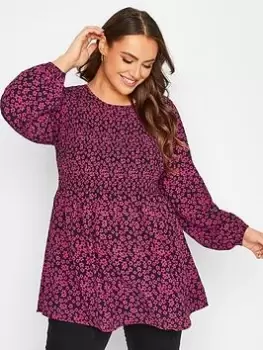 Image of Yours Long Sleeve Shirred Top Pink Floral, Pink, Size 18, Women