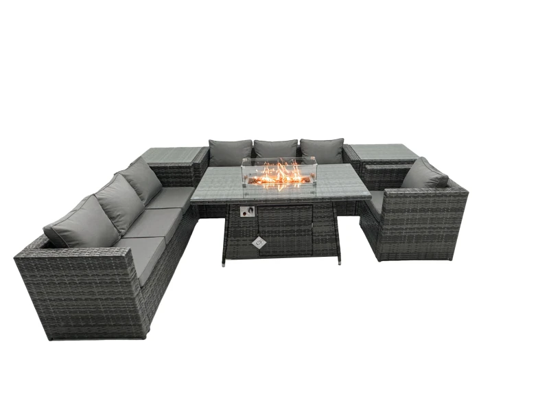 Image of Fimous Rattan Garden Furniture Firepit Dining Set 7 Seater Lounge Sofa Table Set with 2 side table Dark Grey