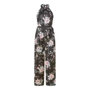 image of Yumi Black Floral Satin Halter neck Jumpsuit - Black