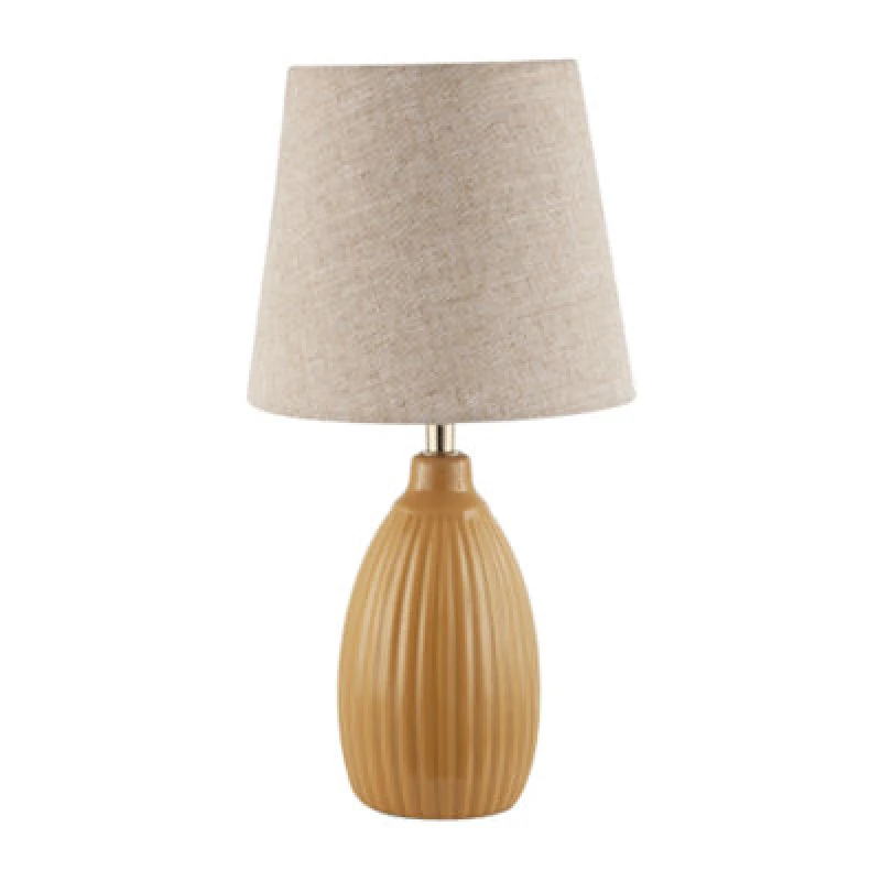 Image of Happy Homewares Mustard Etched Lined Ceramic Gloss Table Lamp With Linen Fabric Shade