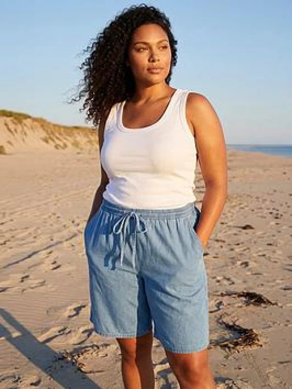 Image of Roman Womens Curve Tie Waist Denim Short in Light Blue Size: 30-32 Light Blue Female 30-32