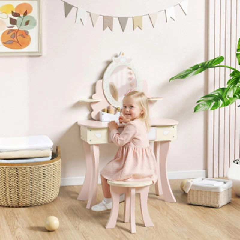Image of Aiyaplay Kids Dressing Table, Girls Vanity Set W/ Stool, 7 Play Accessories