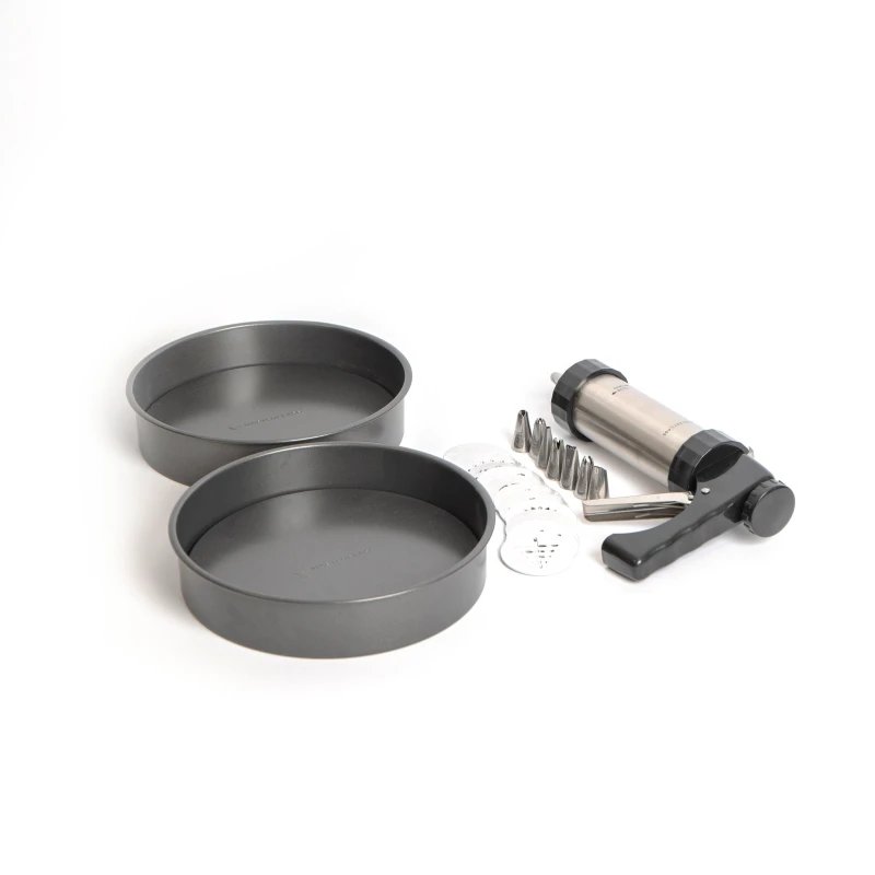 Image of Masterclass 24pc Baking Set with 2x Non-Stick Loose Base 20cm Sandwich Pans, Icing Gun, 8x Stainless Steel Nozzles and 13x Cutters Grey