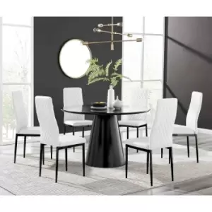 Image of Furniture Box Palma Black Semi Gloss Round Dining Table and 6 White Milan Black Leg Chairs
