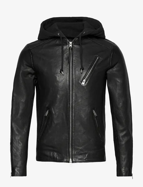 image of Allsaints Mens Sheep Leather Slim Fit Harwood Biker Jacket, Black, Size: S