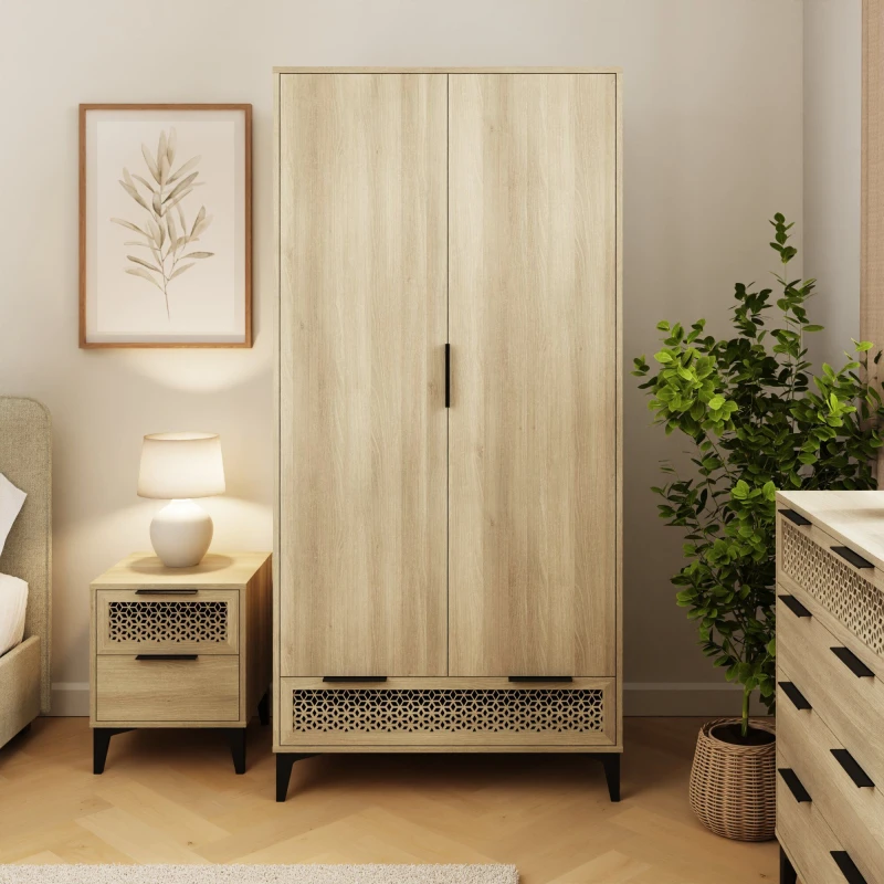 Image of GFW Ezra 2 Door 1 Drawer Wardrobe Oak, Brown EZR21WOAK