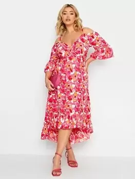 Image of Yours Cold Shoulder Midaxi Dress Brush Stroke Floral, Pink, Size 16, Women
