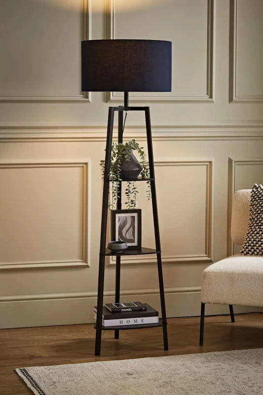 Image of ValueLights Hiru Black 3 Tier Wooden Shelf Floor Lamp With Large Navy Shade Black