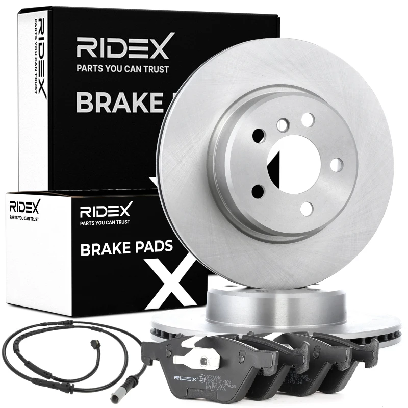 Image of RIDEX 3405B0500 Brake disc and pads set Front Axle, Brake Disc Type: internally vented, prepared for wear warning indicator Brake Set,disc brakes (34