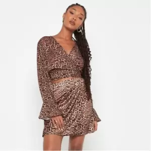 image of Missguided Leopard Print Satin Tie Side Mini Skirt - Brown