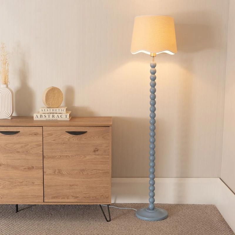 Image of ValueLights Bobbins Powder Blue Floor Lamp with Linen Scallop White Trim Shade and LED Bulb Pale Blue