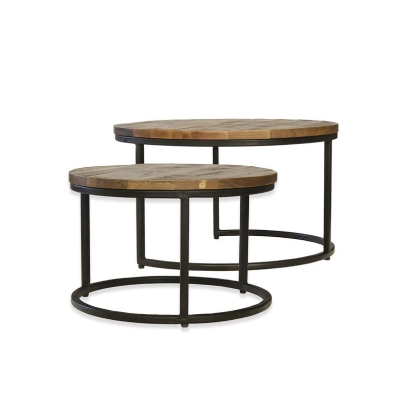 Image of Jaipur Furniture Ltd Industrial Round Stool (Set of 2) - Mango Wood/Iron - L70 x W70 x H40cm - Mango PP Saw Finish in Brown Brown Unisex