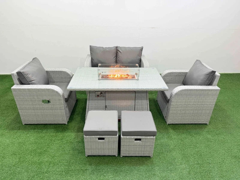 Image of Fimous Light Grey PE Wicker Rattan Garden Furniture Set Sofa Set Reclining Chair Firepit Dining Table 6 Seater 2 Small Stools Light Grey
