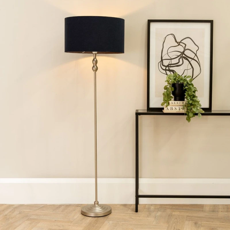 Image of ValueLights Maggie Brushed Chrome Silver Candlestick Floor Lamp with Fabric Lamp Shade Black