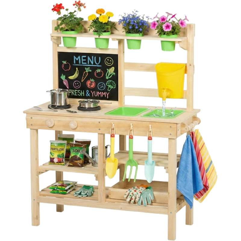Image of Aiyaplay Wooden Kids Mud Kitchen With Kitchenware & Garden Tools