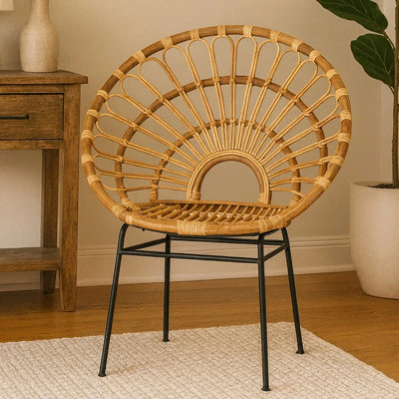 Image of Orsina Brown Natural Rattan Sunflower Back Chair With Black Metal Legs, Hand Woven Rattan Dining Chair