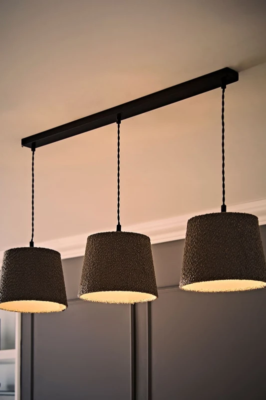 Image of ValueLights ValueLights Rory Tapered Boucle Shade 3 Drop Bar Ceiling Diner Light & Bulbs in Grey Grey One Size Unisex 5059406064517