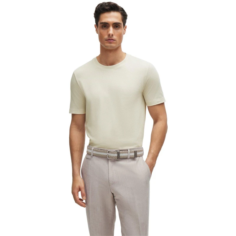 Image of Boss Mens Tiburt Bubble Structure Cotton Short Sleeve T-Shirt Open White 131 male Small