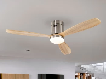 image of Siroco 6 Speed Ultra Quiet Ceiling Fan Satin Nickel, Wood Blades with LED Light, Remote Control, Timer & Reversible Functions