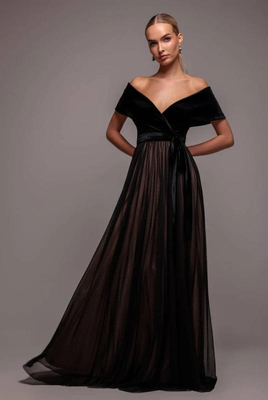 Image of Goddiva Womens Velvet Bardot Dobby Mesh A Line Maxi Dress in Black Size: 8 Black Female 8