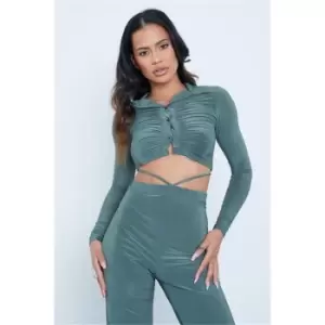 I Saw It First Khaki Slinky Long Sleeve Ruched Button Up Collared Crop Top - Green