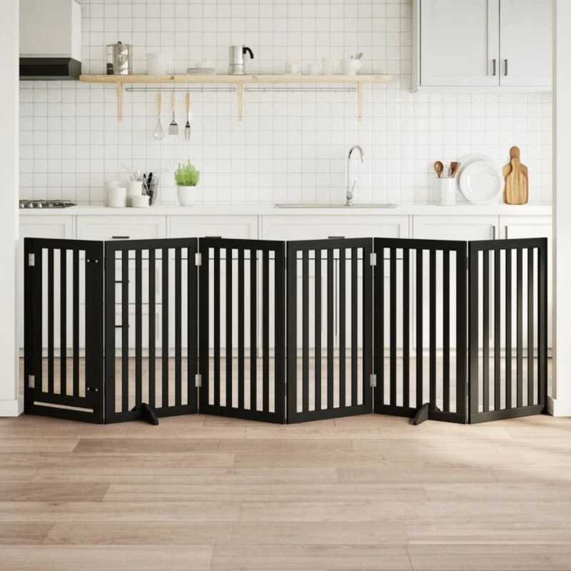 Image of vidaXL Dog Gate with Door Foldable 6 Panels Black 300cm Poplar Wood, Black 352255