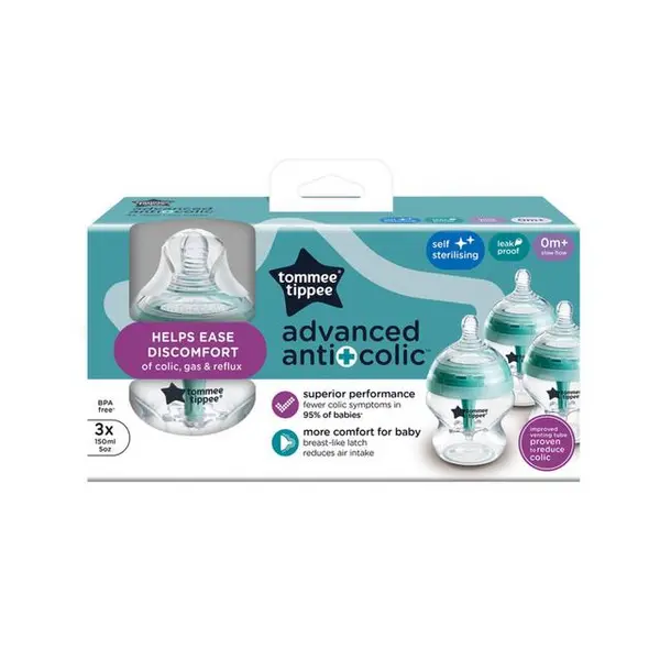 image of Tommee Tippee Advanced Anti-Colic Baby Bottle, Slow-Flow, Pack of 3 x 150ml 3 x 150 per Pack