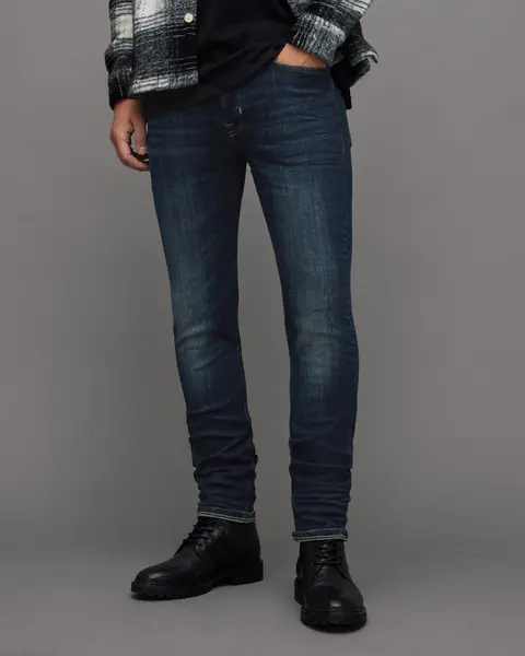 Image of AllSaints Mens Cotton Traditional Rex Slim Jeans, Blue, Size: 32/L32
