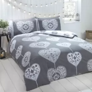 Image of Hearts Scandi Duvet Cover Set, 100% Brushed Cotton, Grey, Double - Grey