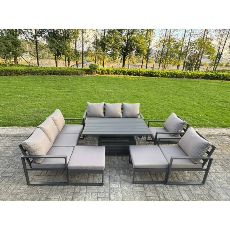 Image of Fimous Aluminum 10-Seater Patio Set with Lifting Table & 2 Big Stools in Dark Grey Dark Grey Unisex