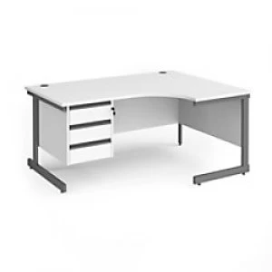 image of Dams International Right Hand Ergonomic Desk with 3 Lockable Drawers Pedestal and White MFC Top with Graphite Frame Cantilever Legs Contract 25 1600 x