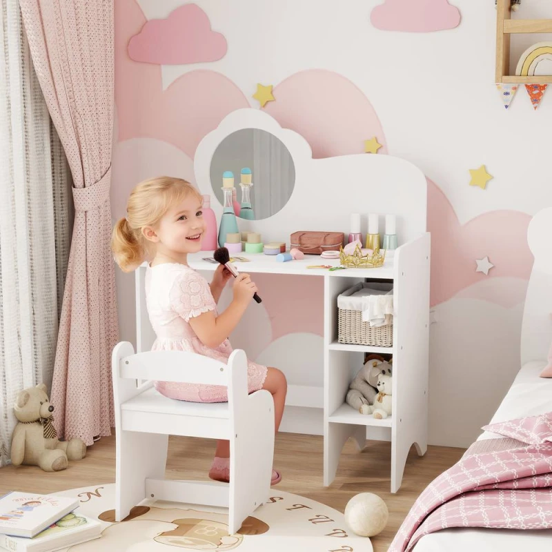 Image of AIYAPLAY Kids Dressing Table with Mirror, Stool, Vanity Table in White White Unisex