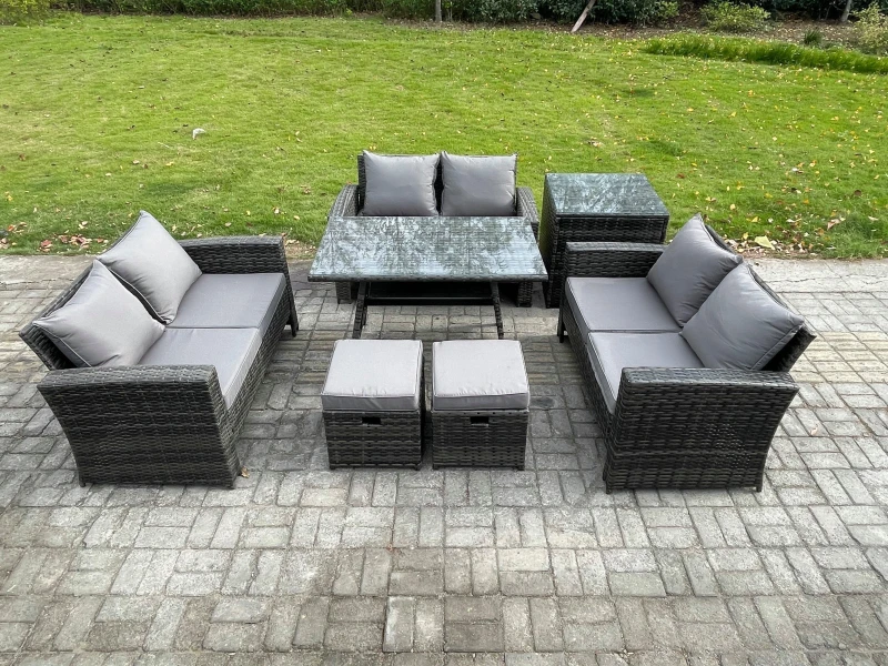 Image of Fimous 7 PCS Outdoor Lounge Sofa Set Wicker PE Rattan Garden Furniture Set with Rectangular Dining Table Love Seat Sofa in Dark Grey Dark Grey Unisex