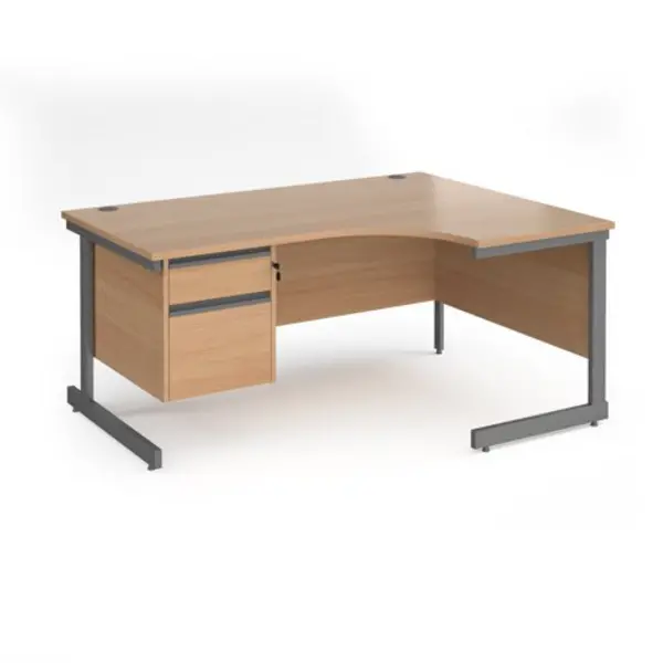 Image of Office Desk Right Hand Corner Desk 1600mm With Pedestal Beech Top With Graphite Frame 1200mm Depth Contract 25 CC16ER2-G-B