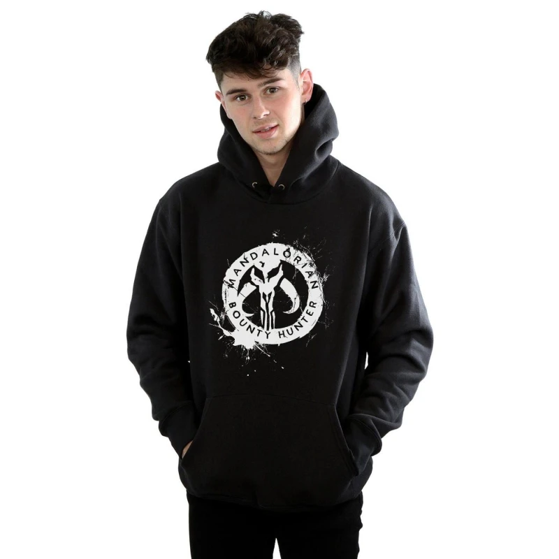 Image of Star Wars Star Wars Men The Mandalorian Bounty Hunter Splatter Skull Hoodie in Black Size: Small Black S Male 5059400114164