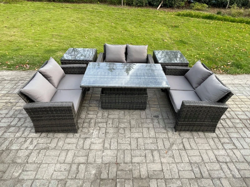 Image of Fimous 6 pieces Outdoor Lounge Sofa Set Wicker PE Rattan Garden Furniture Set with Rising Lifting Table Double Seat Sofa 2 Side Tables in Dark Grey Da
