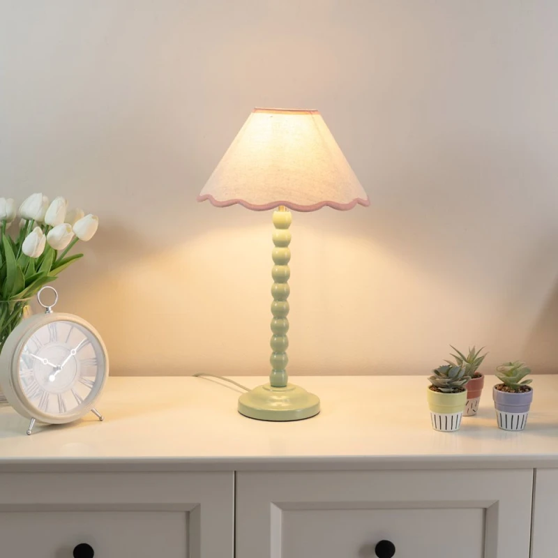Image of ValueLights Bobbins Sage Green Table Lamp with Tapered Natural Linen Scallop Shade Pink