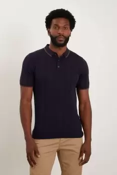 Mens Slim Fit Navy Tipped Knitted Polo